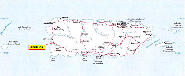FIGURE 2 - Map of Puerto Rico with arrow pointing to Hormigueros on the West side