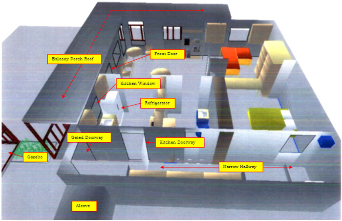 Figure 7 (3-D Diagram of interior of the residence). Important features are labeled.