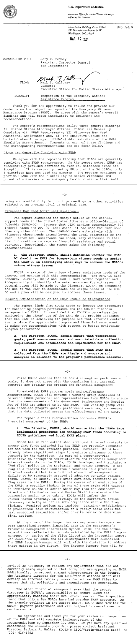 Memo to Mary W. Demory from Mark T. Calloway